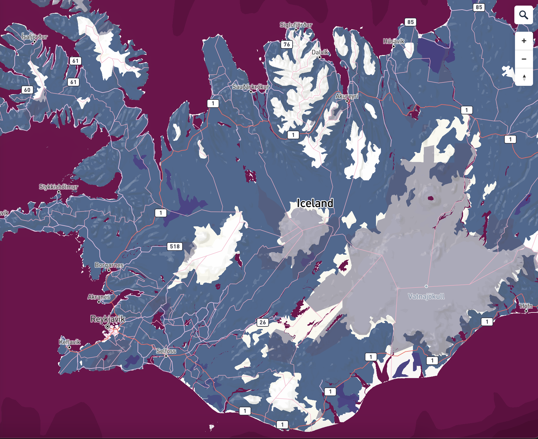 Purple-blue Iceland region: Changed Water color and Light preset to dusk effect.